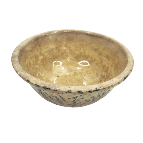 Antique Yellow Ware 8" Mixing Serving Bowl Green Spongeware Pottery Primitive - Picture 2 of 12